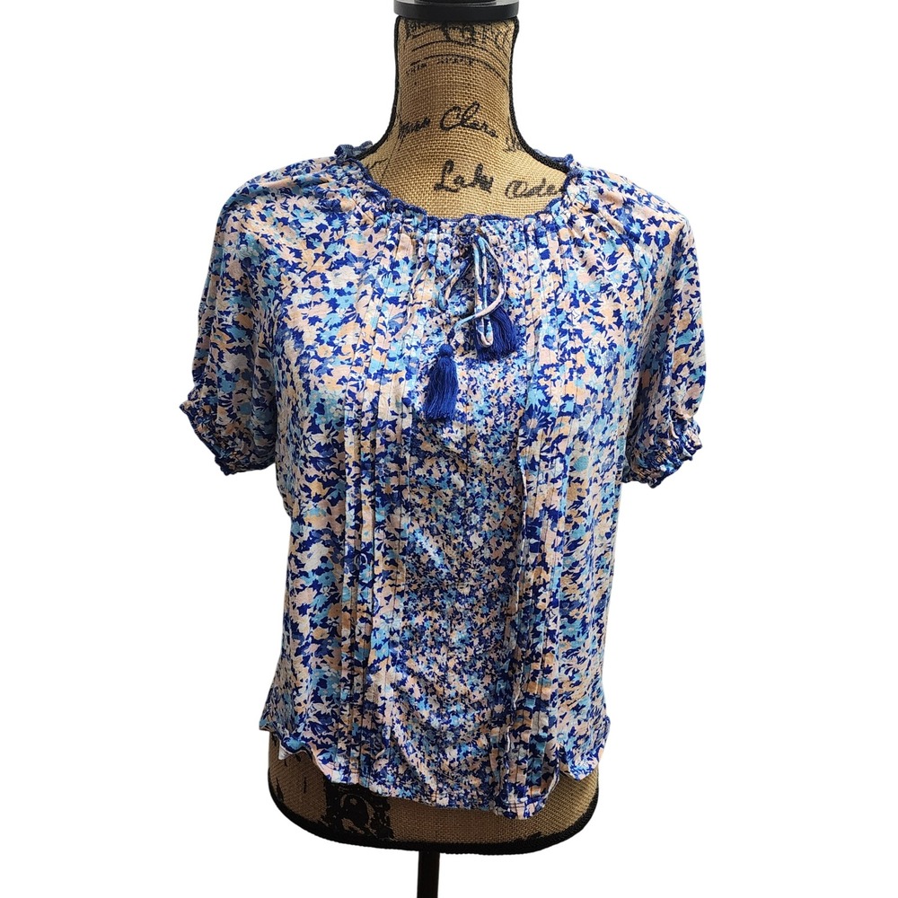 Wonderly Floral Print Blouse Blue Peach Short Sleeve Tassel Tie Neck Top Large